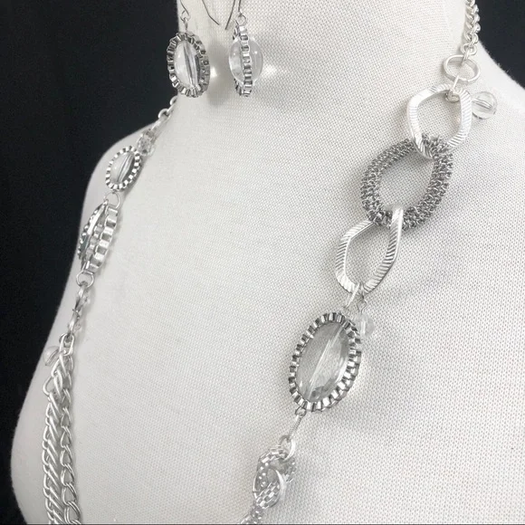 2 Row Abstract Silver Chain Long Necklace Set - Picture 3 of 4